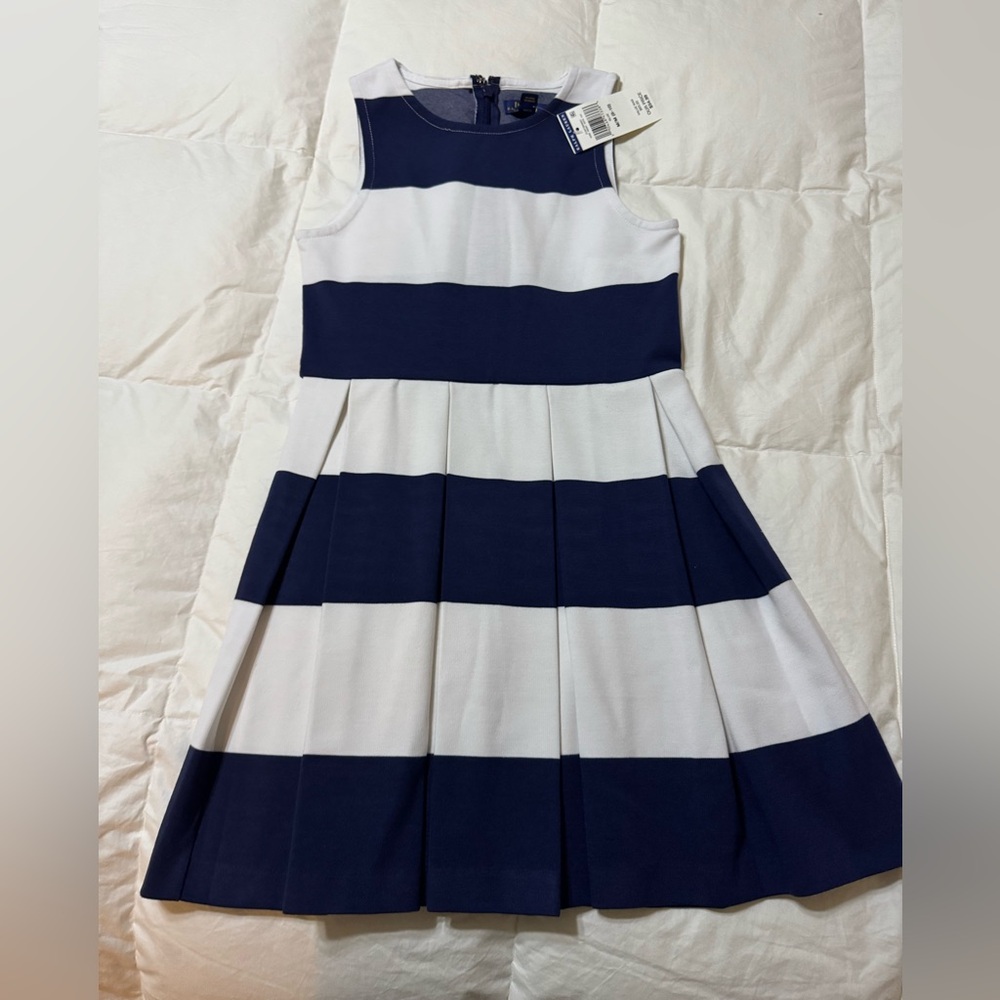 Ralph Lauren Polo Navy and White Pleated Dress, New, Size 8-10 Girls